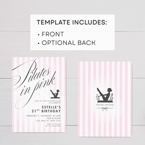 May include: Pink and white striped invitation template with the text "Pilates in Pink" and event details. The front features a Pilates silhouette and the back says "You're Invited!" with a bow.