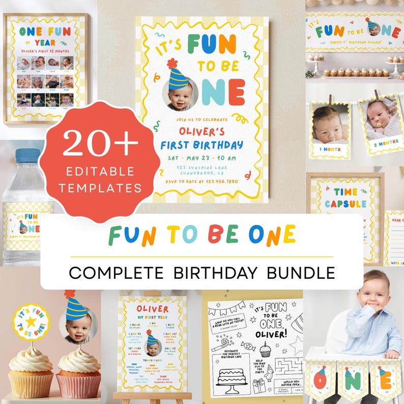 May include: A collection of editable birthday party templates featuring a yellow and white checkered pattern with colorful text reading It's Fun To Be One. The bundle includes invitations, photo displays, cupcake toppers, and activity sheets.
