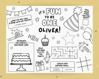 Spaß, eins zu sein bearbeitbares Geburtstags-Tischset, erster Geburtstag druckbares Spiel, Kindermalseite, 1st-Bday-Aktivitätenblatt, Partybevorzugungen für Kleinkinder