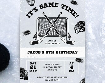 Kids Hockey Themed Birthday Invite Canva, Winter Sport Kids Party Printable, 8 Year Old Boy Bday Invitation Template, Editable Ice Rink Card