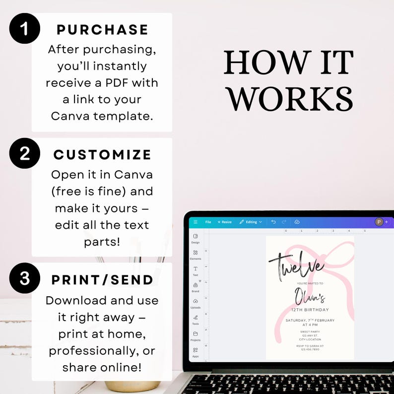 May include: A laptop screen shows a birthday invitation template with a pink bow design. The text on the screen reads "Twelve" and "Olivia's 12th Birthday." Instructions on how to purchase, customise, and print the template are also shown.