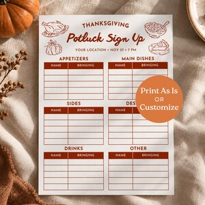 Thanksgiving Potluck Sign Up Sheet, Friendsgiving Food Signup List, Office Potluck Digital Flyer, Editable Canva Template + Printable PDF