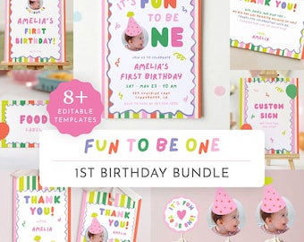 Fun to Be One First Birthday Bundle Template Girl, 1st Bday Set Colorful Theme, Pink Stripes Party Decor Editable Canva, Instant Download