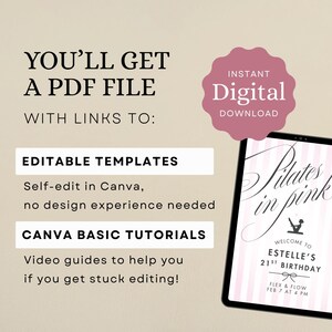 May include: A digital download graphic with text that reads "YOU'LL GET A PDF FILE" and "EDITABLE TEMPLATES". A tablet displays "Pilates in pink" with event details. A pink badge says "Instant Digital Download".