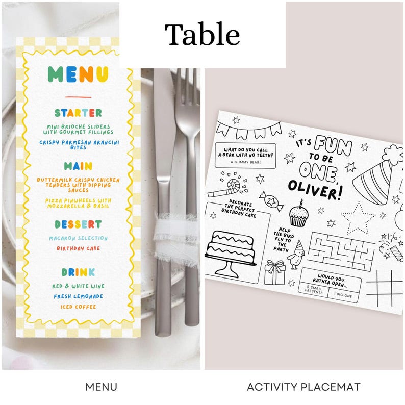 May include: A printed menu with a yellow checkered border and colorful text listing food and drink options, alongside a black and white activity placemat featuring birthday-themed illustrations, games, and the text It's Fun To Be One, Oliver.