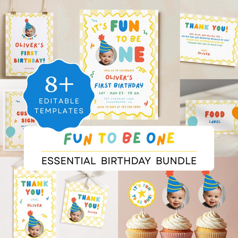 Fun to be one first birthday bundle template, editable canva party kit with photo, primary colors boy birthday decorations set