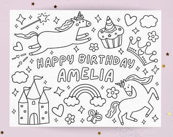 Personalisiertes Einhorn-Geburtstags-Tischset, bearbeitbares Mädchen-Bday-Aktivitätenblatt, druckbare Kinderfarbseite, magische Themenparty-Kleinkind