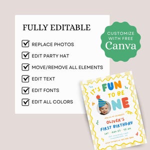May include: A digital birthday invitation template featuring a yellow checkered border and the text IT'S FUN TO BE ONE. The design includes a photo placeholder of a child in a party hat, with editable text fields for name, date, time, and location details.