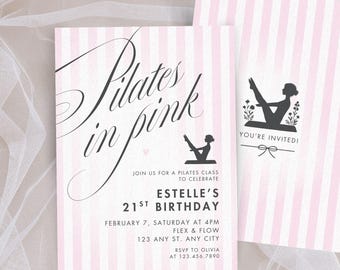 Pilates Birthday Invitation Template, Pilates In Pink Class Party Card, Sip and Stretch Digital Download, Modern Girl Workout Invite Canva