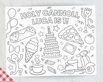 Geburtstagsaktivitätsblatt für Italiener, Heilige Cannoli-Malseite, bearbeitbares Platzdeckchen-Pizza-Thema, druckbare Partyspiele für Kleinkinder und Kinder