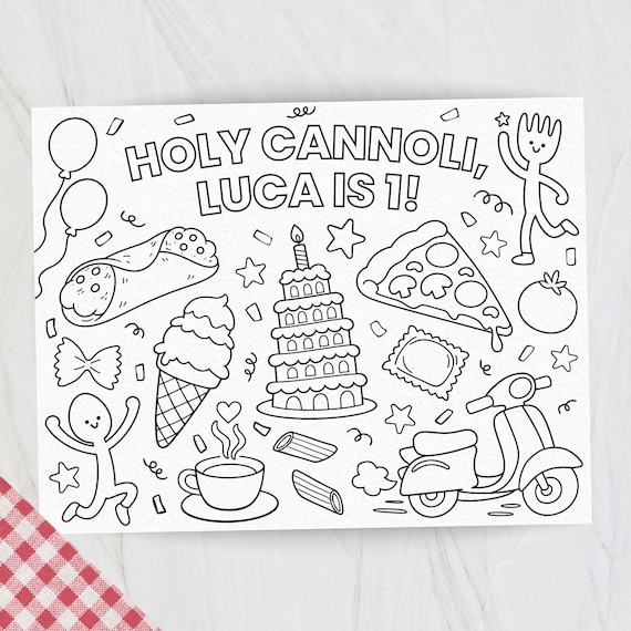 Italian Theme Birthday Activity Sheet, Holy Cannoli Coloring Page, Editable Placemat Pizza Theme, Printable Party Games for Toddlers & Kids