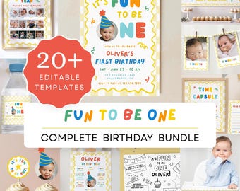 Fun To Be One MEGA Bundle, First Birthday Boy Decor, Colorful Birthday Pack Template, Editable 1st Bday Set Yellow, Primary Color Baby Party