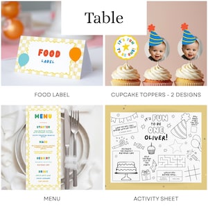 May include: A party stationery set featuring a food label card with a yellow checkered border, two cupcake toppers with baby photos and party hats, a menu card with colorful text, and a black and white activity sheet with games and birthday graphics.
