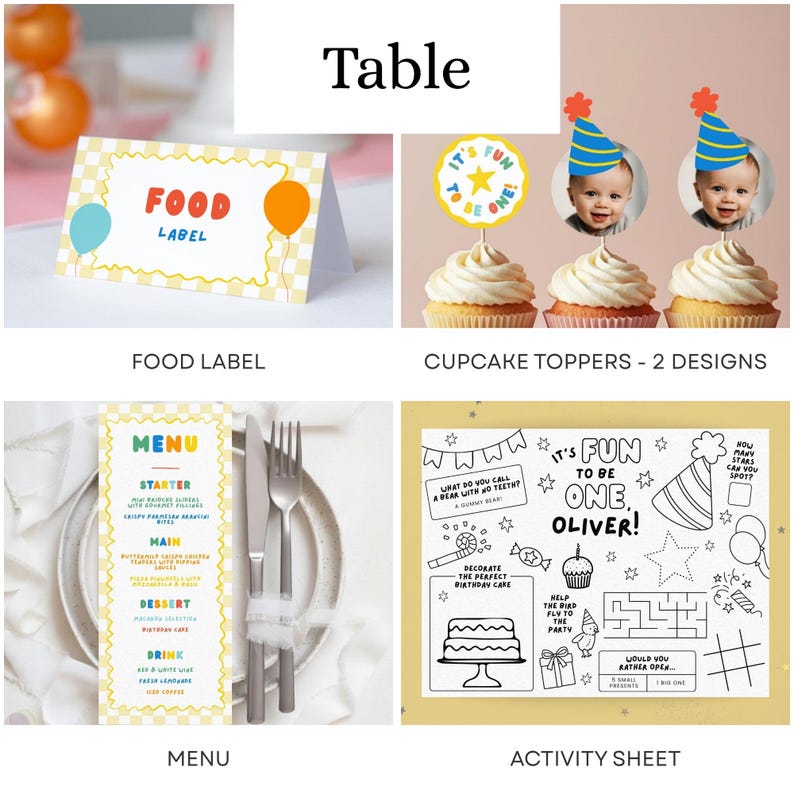 May include: A party stationery set featuring a food label card with a yellow checkered border, two cupcake toppers with baby photos and party hats, a menu card with colorful text, and a black and white activity sheet with games and birthday graphics.