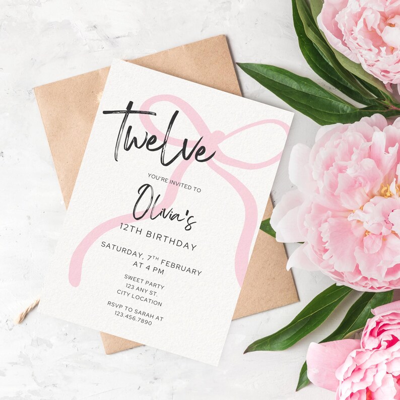 May include: A birthday invitation featuring the word "Twelve" in cursive. The invitation is for Olivia's 12th birthday, with the date, time, and location details. A pink bow design decorates the invitation, set against a white background.