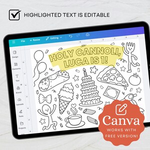 K&ouml;nnte beinhalten: Ein digitales Tablet zeigt eine Schwarz-Wei&szlig;-Illustration mit dem Text "HOLY CANNOLI, LUCA IS 1!". Das Bild enth&auml;lt Zeichnungen von Lebensmitteln wie Pizza, Cannoli und Kuchen. Das Canva-Logo ist unten rechts sichtbar.