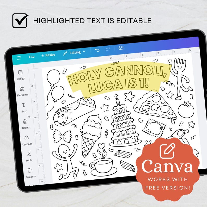 K&ouml;nnte beinhalten: Ein digitales Tablet zeigt eine Schwarz-Wei&szlig;-Illustration mit dem Text "HOLY CANNOLI, LUCA IS 1!". Das Bild enth&auml;lt Zeichnungen von Lebensmitteln wie Pizza, Cannoli und Kuchen. Das Canva-Logo ist unten rechts sichtbar.
