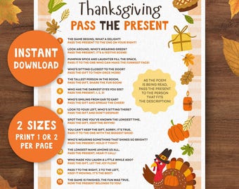 Thanksgiving Pass the Present Game, Pass the Prize Printable, Thanksgiving Party Passer Family Game, Thanksgiving Activity for Kids & Adults