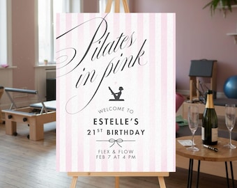 Pilates Birthday Welcome Sign, Printable Birthday Brunch Entrance Poster, Pilates In Pink Party Decor, Coquette Reception Board Template