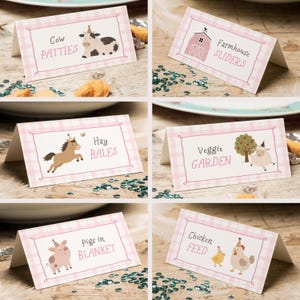 Può includere: Un set di sei etichette alimentari in carta piegata con un bordo a quadretti rosa chiaro. Ogni carta mostra un'illustrazione di un animale da fattoria con un cappellino da festa e testo che include Cow Patties, Farmhouse Sliders, Hay Bales, Veggie Garden, Pigs in Blanket e Chicken Feed.