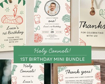 Holy Cannoli First Birthday Mini Bundle, Italian Party Decor, Italy Themed Invitation Kit, 1 Year Old Template, Welcome Sign, Thank You Tags