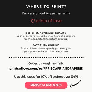 May include: A promotional graphic with the text "WHERE TO PRINT?" and "prints of love" in pink. The graphic also includes the text "DESIGNER-REVIEWED QUALITY" and "FAST TURNAROUND". A call to action directs viewers to a website with a discount code.