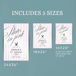 May include: Pink and white striped Pilates-themed birthday party signs in three sizes: 24x36 inches, 18x24 inches, and 16x20 inches. Each sign features the text "Pilates in Pink" and event details.
