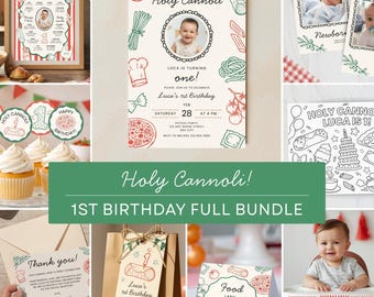 Holy Cannoli First Birthday Full Bundle, Italian Bakery Theme Invite and Decorations, Pasta Party Decor Printable, 1 Year Old Digital Set
