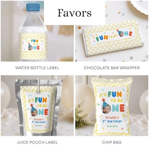 May include: A collection of party favors including a water bottle label, chocolate bar wrapper, juice pouch label, and chip bag. Each item features a yellow checkered border, a photo of a child in a party hat, and the text "It's Fun To Be One".