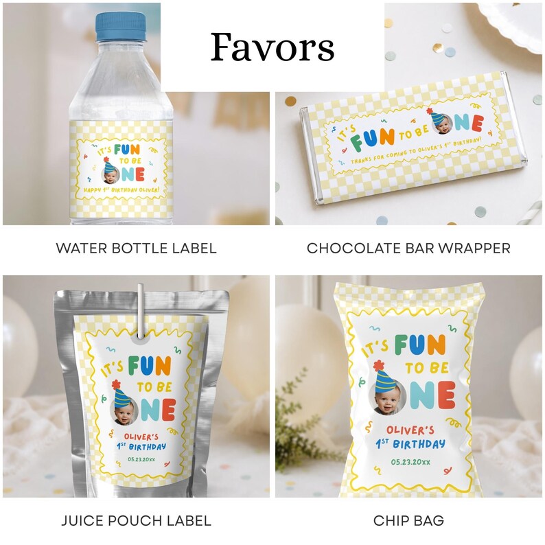 May include: A collection of party favors including a water bottle label, chocolate bar wrapper, juice pouch label, and chip bag. Each item features a yellow checkered border, a photo of a child in a party hat, and the text "It's Fun To Be One".