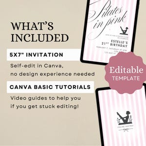 May include: A digital invitation template with the text "Pilates in Pink" and "Estelle's 21st Birthday." The design includes a pink and white striped background and a silhouette of a person doing Pilates. The template is editable in Canva.