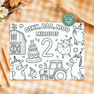 May include: A black and white coloring page featuring a barn, a three-tiered cake, a large number 2, a tractor, and farm animals including a pig, sheep, cow, horse, and chick wearing party hats, with the text OINK, BAA, MOO MILLIE IS.