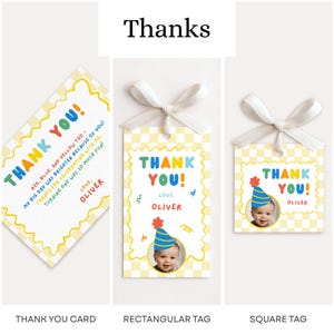 May include: A thank you card, a rectangular tag, and a square tag featuring a yellow and white checkered pattern. Each item displays the text "THANK YOU!" in colorful letters, the name "OLIVER," and a photo of a baby wearing a blue party hat.