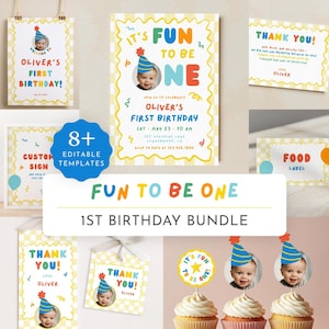 May include: A collection of printable birthday party templates with a 'Fun to be One' theme. Includes invitations, thank you cards, food labels, and cupcake toppers. The designs feature a baby's photo, colorful text, and a playful aesthetic.