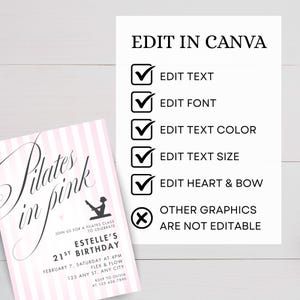 May include: A pink and white striped invitation for a Pilates class, with the text "Pilates in pink" in elegant script. The invitation includes details for Estelle's 21st birthday. A separate white card lists editable elements in Canva.