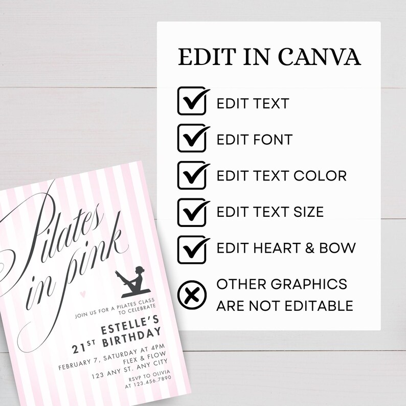 May include: A pink and white striped invitation for a Pilates class, with the text "Pilates in pink" in elegant script. The invitation includes details for Estelle's 21st birthday. A separate white card lists editable elements in Canva.