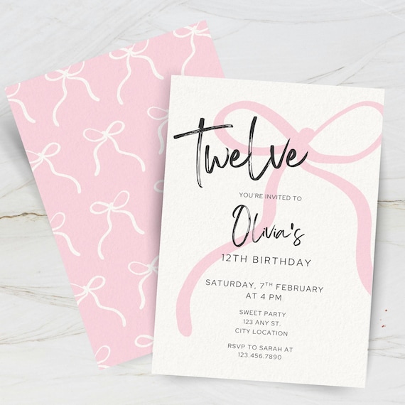 12th Birthday Invite Girl Minimalist, Editable Pink Bow Tween Bday Invitation, Twelve Digital Canva Template, Simple Elegant Teen Party