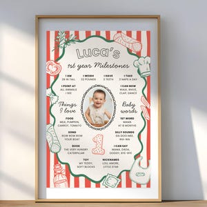 K&ouml;nnte beinhalten: Ein gerahmter Druck mit rot-wei&szlig; gestreiftem Hintergrund, der ein Babyfoto und Meilensteine zeigt. Der Text lautet "Luca's 1st year Milestones", einschlie&szlig;lich Gr&ouml;&szlig;e (66 cm), Gewicht (10 kg) und andere Details. Dekorative Essensillustrationen umgeben den Text.