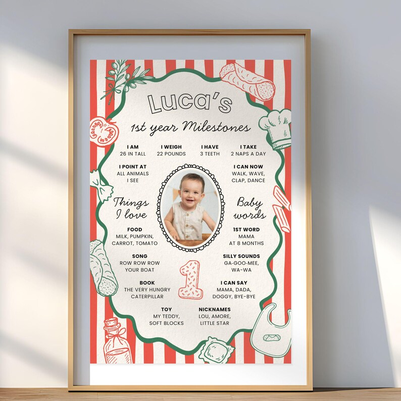 K&ouml;nnte beinhalten: Ein gerahmter Druck mit rot-wei&szlig; gestreiftem Hintergrund, der ein Babyfoto und Meilensteine zeigt. Der Text lautet "Luca's 1st year Milestones", einschlie&szlig;lich Gr&ouml;&szlig;e (66 cm), Gewicht (10 kg) und andere Details. Dekorative Essensillustrationen umgeben den Text.
