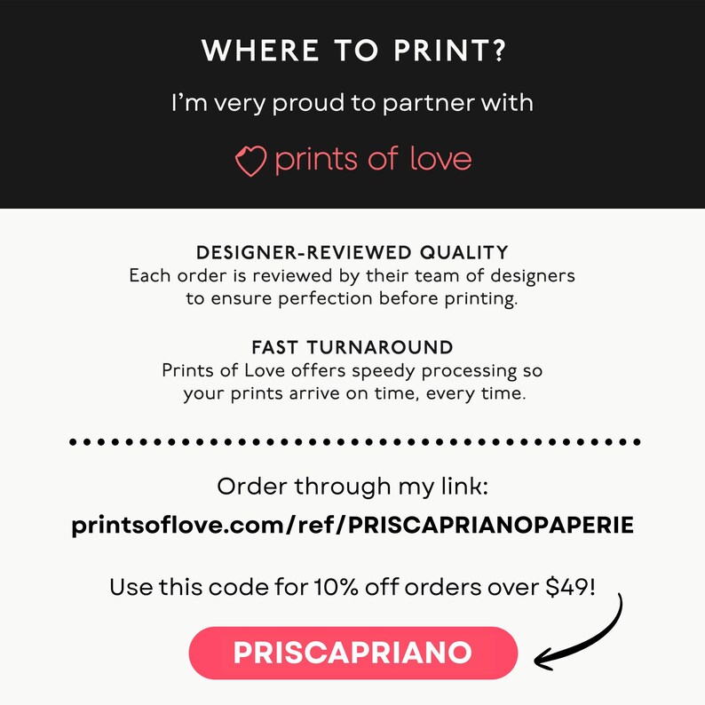 May include: An informational graphic with black and white text titled WHERE TO PRINT? featuring a partnership with Prints of Love. It details designer-reviewed quality, fast turnaround, a referral link, and a discount code PRISCAPRIANO.