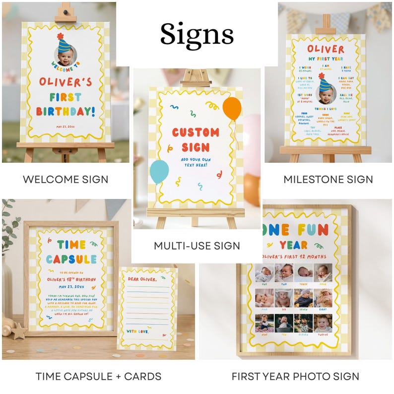 May include: A collection of birthday signs featuring a yellow checkered border, including a welcome sign, milestone sign, multi-use sign, time capsule sign with cards, and a first-year photo sign, all displaying colorful text and graphics.