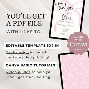 May include: Digital invitation template for a 12th birthday, featuring a pink bow design. The invitation is 12.7 x 17.8 cm and includes a back design for two-sided printing. The image also includes the text "You'll get a PDF file" and "Works with Canva FREE!"