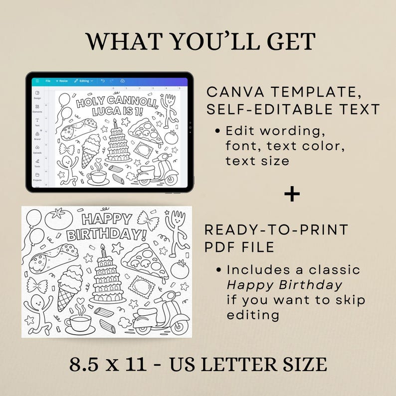 K&ouml;nnte beinhalten: Digitaler Download mit einer Canva-Vorlage und einer druckfertigen PDF-Datei. Das Design zeigt Geburtstagsillustrationen wie Kuchen, Pizza und einen Roller. Der Text lautet "Holy Cannoli, Luca is 1!" und "Happy Birthday!". Die Gr&ouml;&szlig;e betr&auml;gt 21,59 x 27,94 cm.