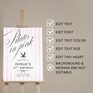 May include: A pink and white striped sign on an easel. The sign reads "Pilates in pink" with event details: "Welcome to Estelle's 21st Birthday, Flex & Flow, Feb 7 at 4 PM."