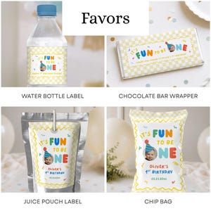May include: A collection of party favors including a water bottle label, a chocolate bar wrapper, a juice pouch label, and a chip bag. Each item features a yellow checkered border, the text "It's Fun To Be One," and a photo of a child in a party hat.