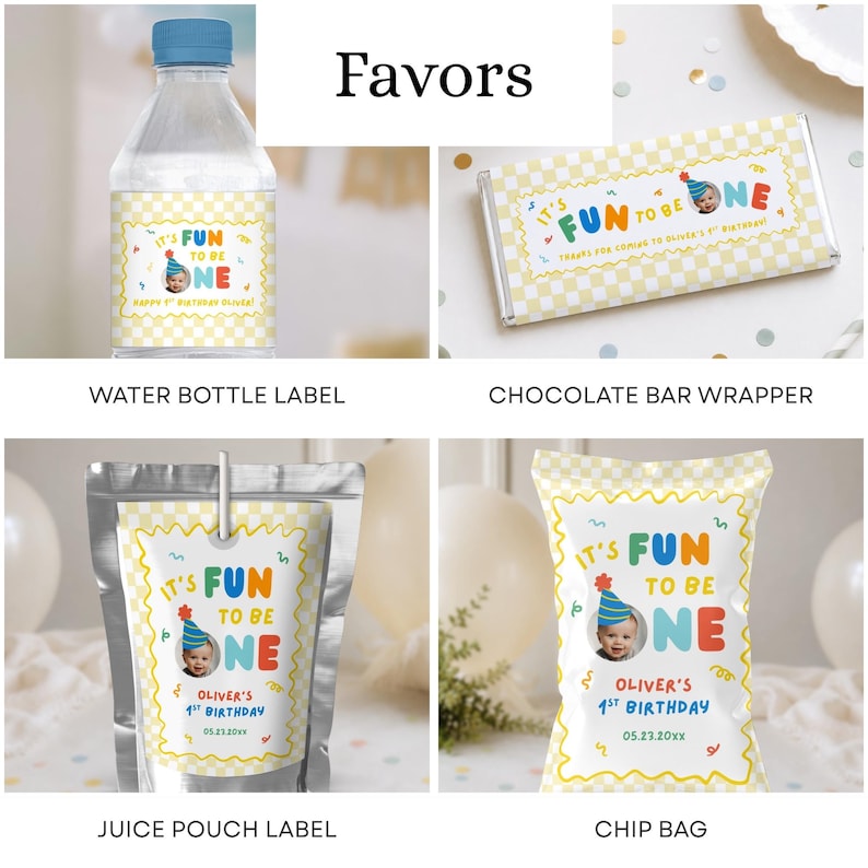 May include: A collection of party favors including a water bottle label, a chocolate bar wrapper, a juice pouch label, and a chip bag. Each item features a yellow checkered border, the text "It's Fun To Be One," and a photo of a child in a party hat.