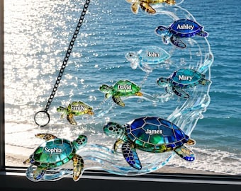 Personalized Sea Turtle Family Suncatcher, Custom Ocean Window Hanging, Summer Beach Decor Gift