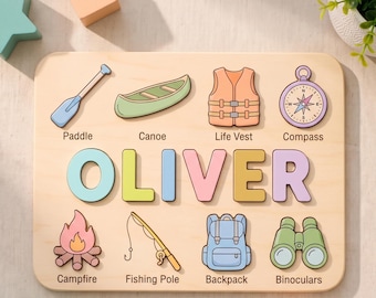 Custom Wooden Name Puzzle, Canoeing Theme Montessori Toy, Toddler Educational Gift