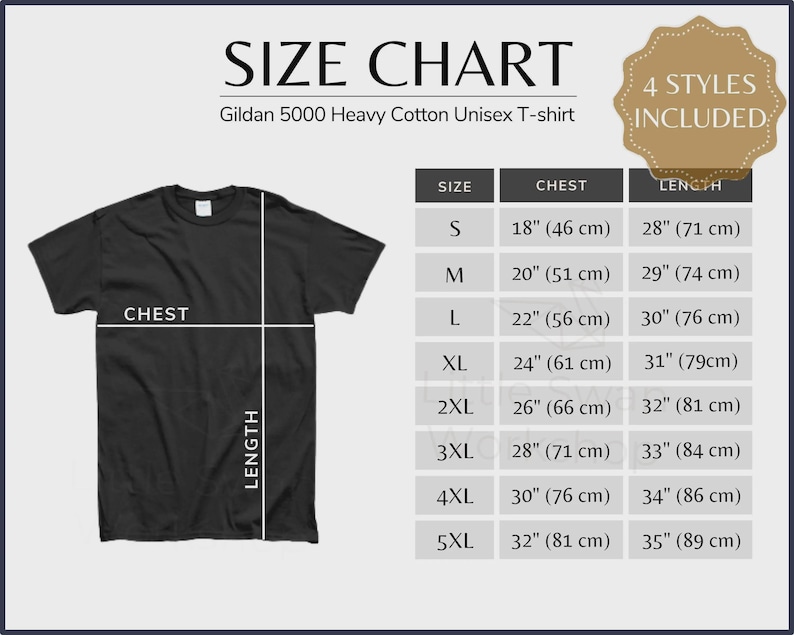 Op de afbeelding: Een maattabel voor een Gildan 5000 Heavy Cotton unisex T-shirt. De afbeelding toont een zwart T-shirt met witte lijnen die de borst- en lengtematen aangeven, naast een tabel met de maten S tot 5XL met de bijbehorende afmetingen in centimeters.