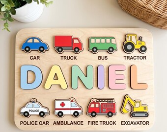Personalized Car Name Puzzle, Wooden Vehicle Toy, Custom Baby Boy Gift, Montessori Toddler Jigsaw, Nursery Decor, 1st Birthday Present